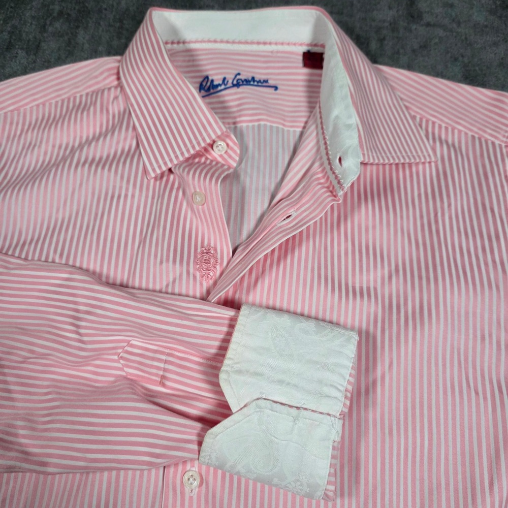 Robert Graham Mens Pink Striped Button Up Shirt Mens L Flip Cuff Embroidery